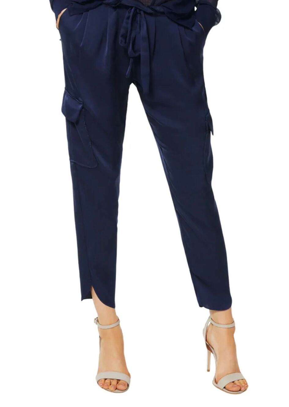 NWT Ramy Brook Allyn Satin Pocket Cargo Pants Navy XS Tie Waist MSRP $295